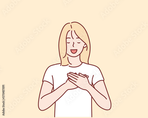 Touched positive woman with pleased expression keeps hands on chest, feels gratitude, impressed by good words of gratitude. Hand drawn style vector design illustrations.