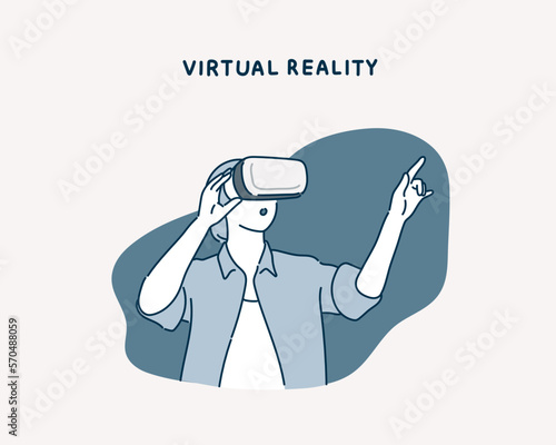 Beautiful woman touching air during the VR experience. Hand drawn style vector design illustrations.