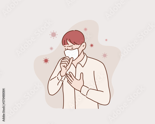 Young man with white shirt wearing a mask isolated on white background. Virus protect concept idea. Corona virus protection. Hand drawn style vector design illustrations.