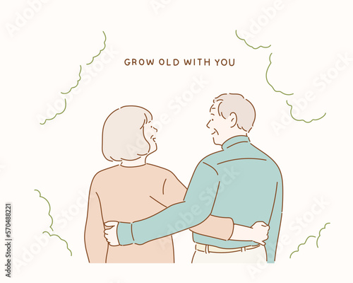 Back view of beautiful senior couple hugging and looking outdoors. Hand drawn style vector design illustrations.