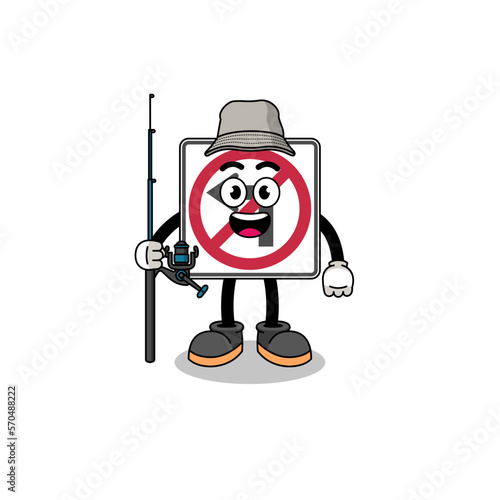 Mascot Illustration of no left turn road sign fisherman