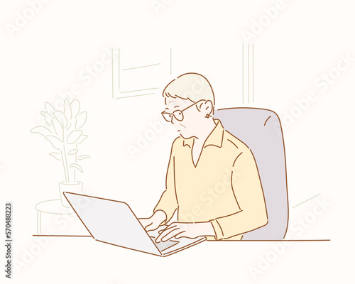 Elderly woman sitting at home, using laptop computer. Hand drawn style vector design illustrations.