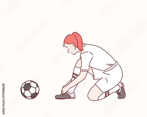 Football player getting ready for the game tying his shoes. Hand drawn style vector design illustrations.