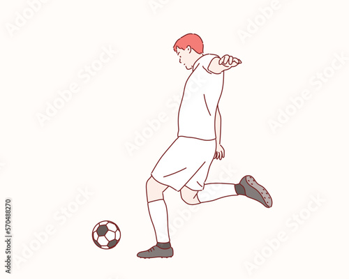 Football player running to kick the ball. Hand drawn style vector design illustrations.