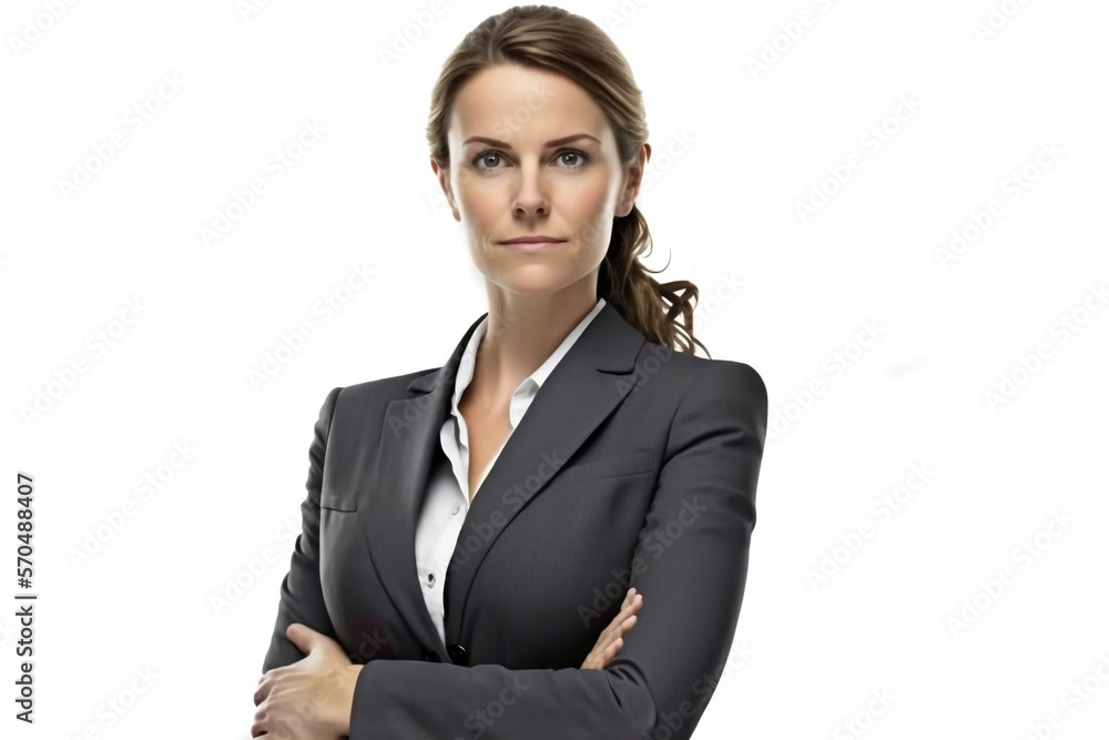 Portrait of a middle aged attractive business woman wearing suit isolated on white background generated by AI Portrait of a middle aged attractive business woman wearing suit isolated on white background generated by AI