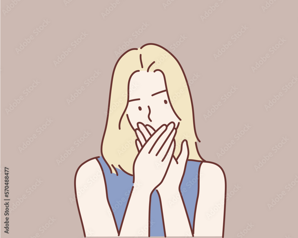 Young woman covering her mouth. Hand drawn style vector design illustrations. Young woman covering her mouth. Hand drawn style vector design illustrations.