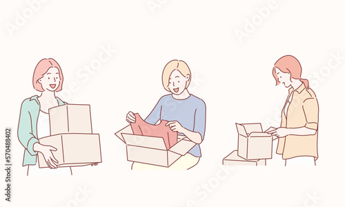 people, delivery, shipping and postal service concept - happy young women opening cardboard box or parcel. Hand drawn style vector design illustrations.