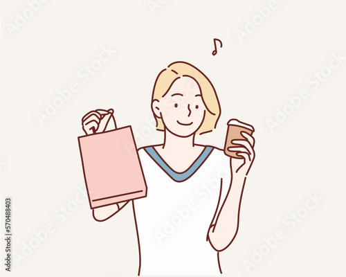Young shopper in casualwear holding drink and paperbags while having break after seasonal shopping in the mall. Hand drawn style vector design illustrations.