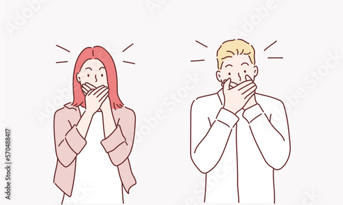 Keep a secret be quiet concept. Two secretive people keeping mouth shut. Hand drawn style vector design illustrations.