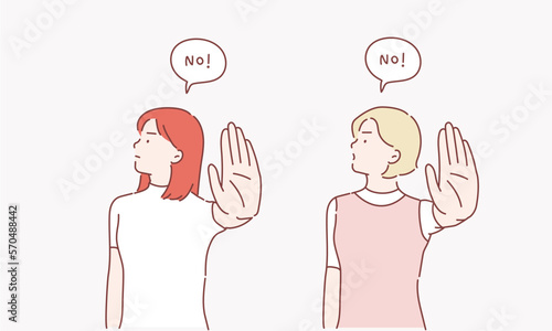 Serious young  women standing with outstretched hand showing stop gesture isolated over white background. Hand drawn style vector design illustrations.