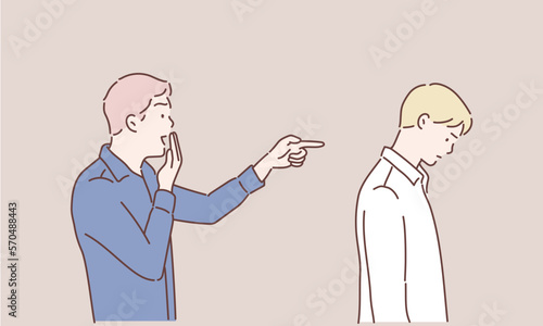 A man laughs at a man, pointing at him with his finger. The concept of bullying and ridicule. Hand drawn style vector design illustrations.