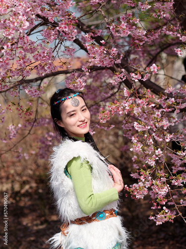 Outdoor portrait of beautiful young Chinese girl in Tibetan traditional clothing with blossom cherry tree brunch background in spring garden, beauty, summer, emotion, expression and people concept. photo