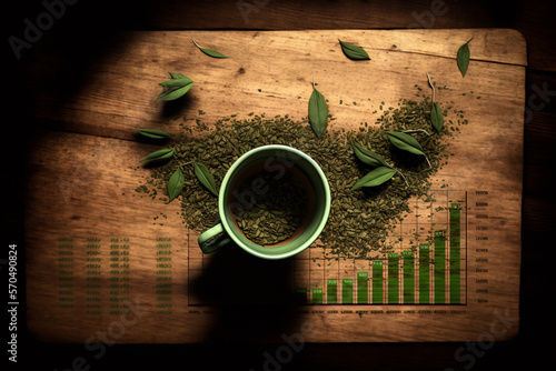 Cup containing green tea leaves on a wooden table seen from above, stock market chart, illustration, fortune-telling, predicting the future in the stock market, created with generative AI technology