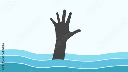 FLat design illustration hand reach up from blue water, man drown, sea drarn, swimming pool accident, need help man, life guard
