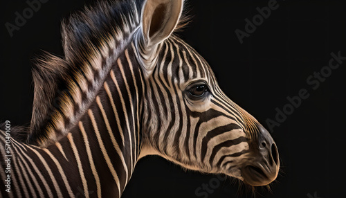 Endangered animal -  Grevy s Zebra foal closeup on black background