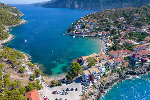 aerial view of the beautiful Assos village in kefalonia island, ionian, west Greece.