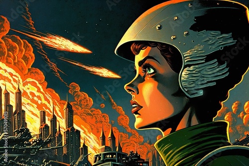Retro Future 1960’s Style Image of a Space Woman Watching an Alien Invasion. Burning Science Fiction City Skyline. [Science Fiction Landscape. Graphic Novel, Video Game, Anime, Manga, or Comic]