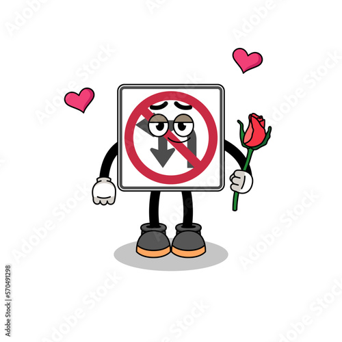 no left or U turn road sign mascot falling in love
