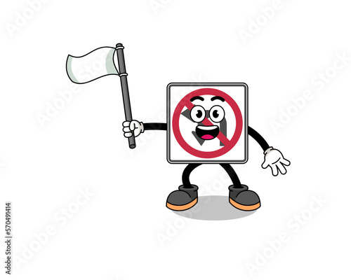 Cartoon Illustration of no left or U turn road sign holding a white flag