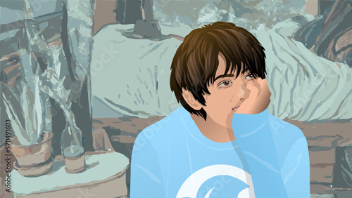 A man thinking about happy memories, smiling, covering his face with his hand, in a bedroom, with  potted plants aside and a bed behind, realistic vector illustration