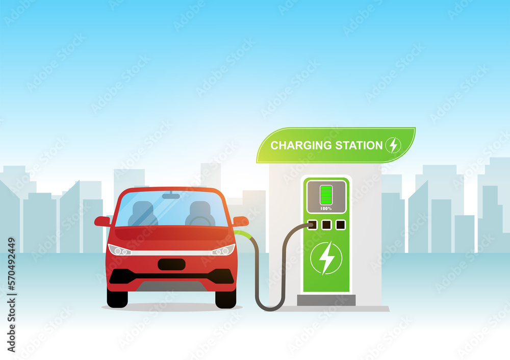 Electric Car Charging at the Charger Station In the City. Vector Illustration. Electric Car Charging at the Charger Station In the City. Vector Illustration.