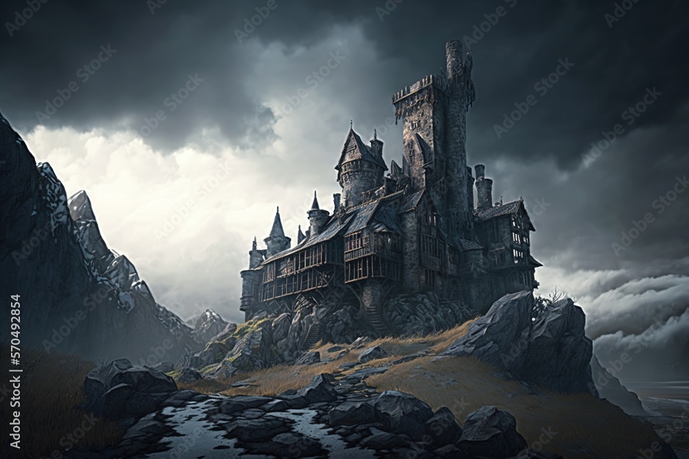 An imposing medieval castle set in eerie landscapes or on a mountain top. Generative AI.