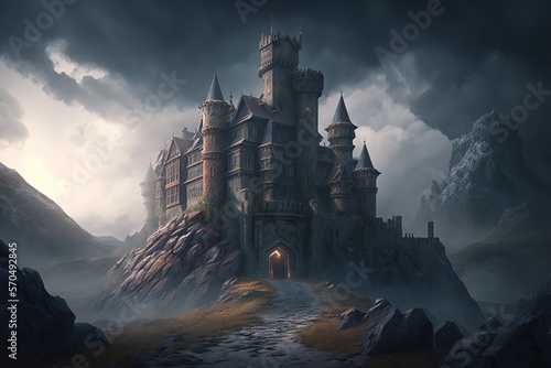 An imposing medieval castle set in eerie landscapes or on a mountain top. Generative AI.