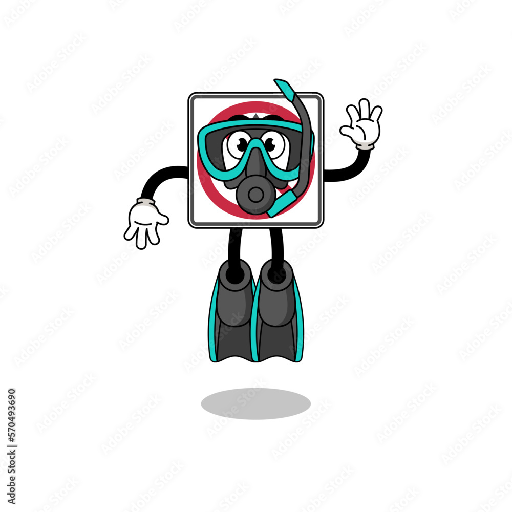 Character cartoon of no thru movement road sign as a diver Character cartoon of no thru movement road sign as a diver