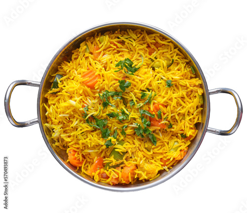 Indian vegetable biryani in balti dish shot from topview and isolated
