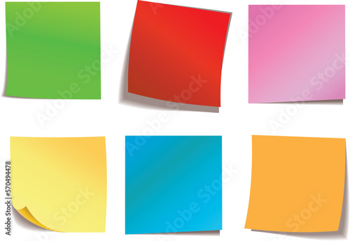 Collection of different colored sheets of note papers with curled corner, ready for your message. Realistic vector illustration. Isolated on white background. Front view. Close up. Set