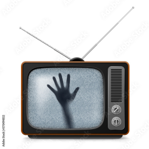 Hand of a Ghost on the Screen Retro TV with Noise. Illustration for Design on White Background