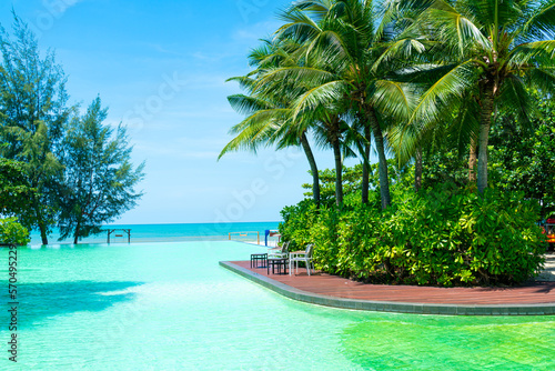 beautiful swimming pool with coconut palm tree and sea background