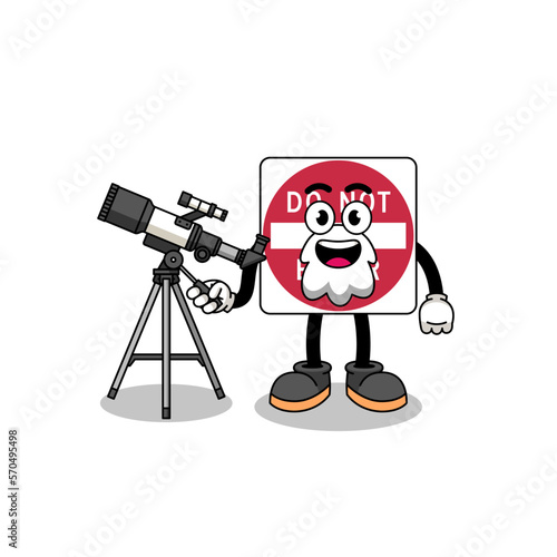 Illustration of do not enter road sign mascot as an astronomer