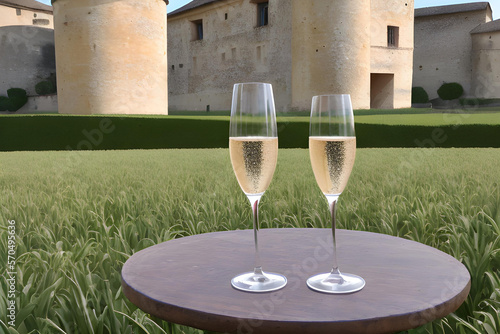 An image depicting two glasses of champagne under a tower of a castle, ai generated