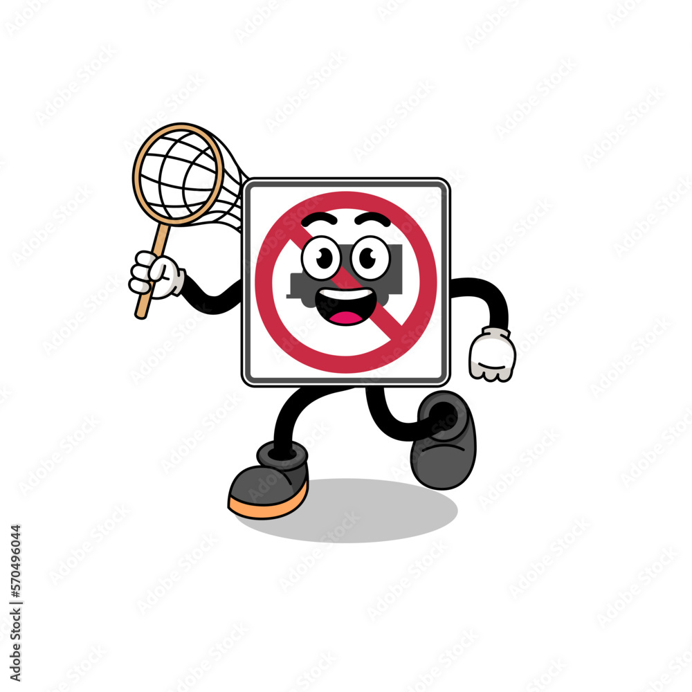 Cartoon of no trucks road sign catching a butterfly Cartoon of no trucks road sign catching a butterfly
