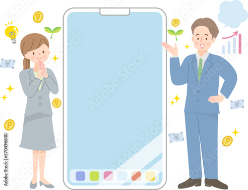 若い女性にスマホで資産運用について説明する男性