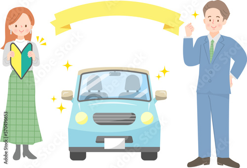 初心者マークを持った若い女性とシンプルな車