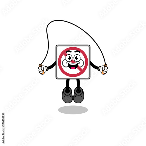 no bicycles road sign mascot cartoon is playing skipping rope