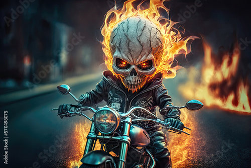 Baby Ghost Rider on a burning motorcycle. surreal fantasy generative ai