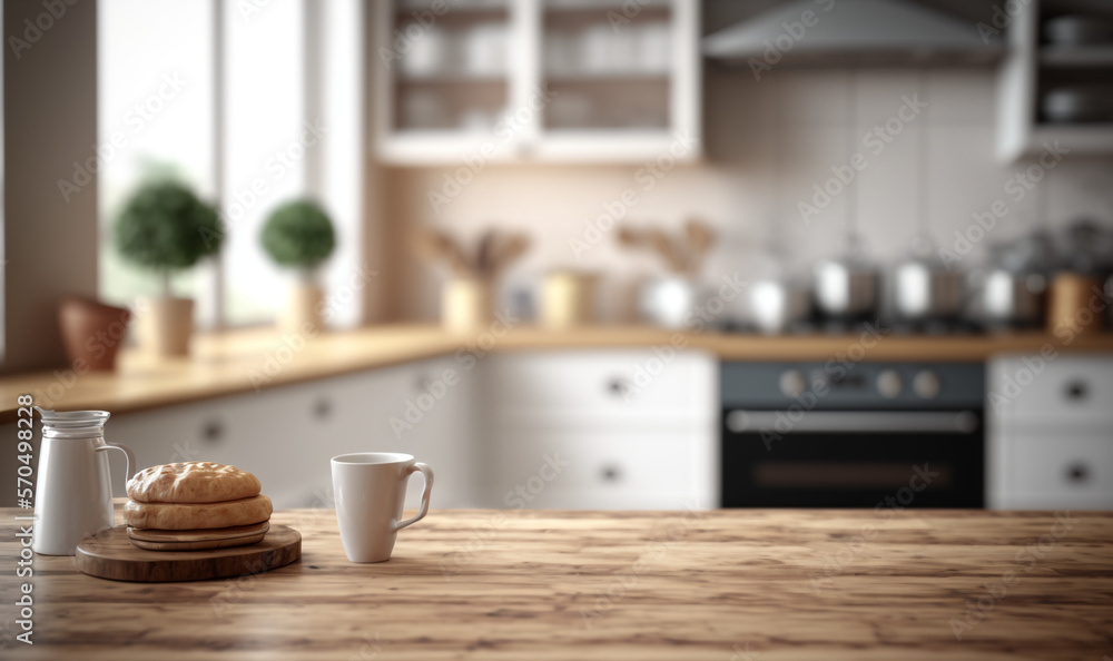 Embracing Scandinavian Elegance: Close-Up of an Empty Wooden Table in a Modern Kitchen With Generative AI