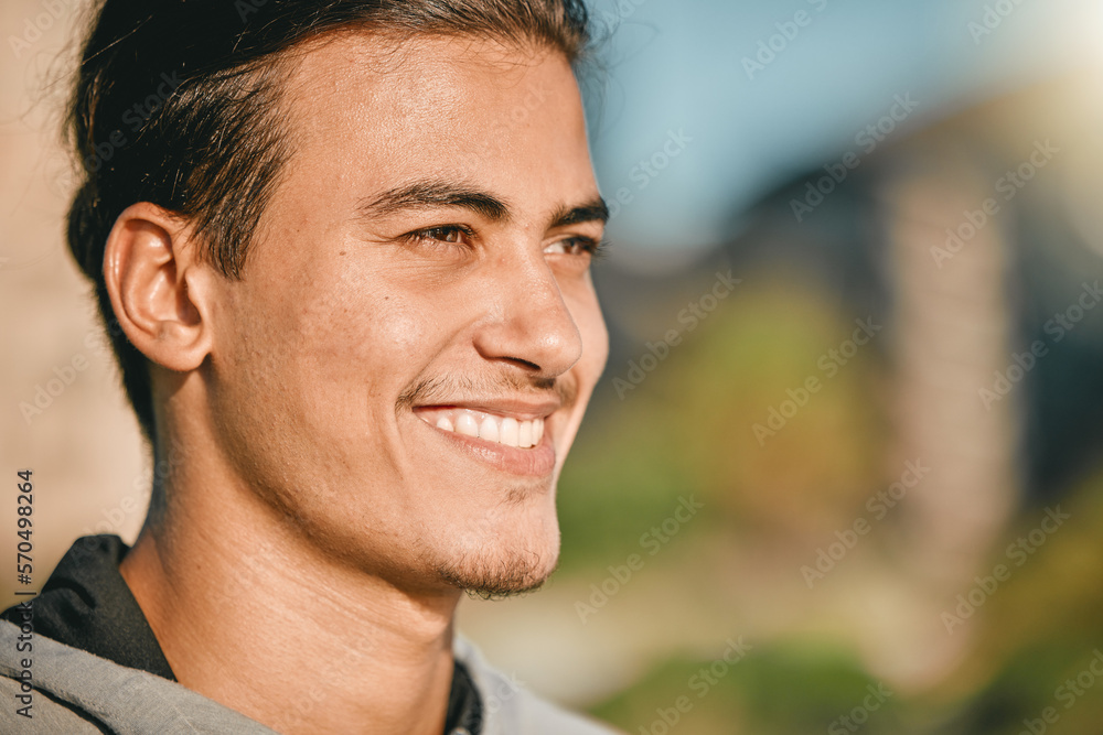 Happy man, face and smile for fitness, break or ready for routine exercise or workout in nature. Sporty male smiling in calm, peace or healthy exercising for cardio, day or running in the outdoors