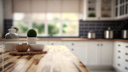 Embracing Scandinavian Elegance  Close-Up of an Empty Wooden Table in a Modern Kitchen With Generative AI