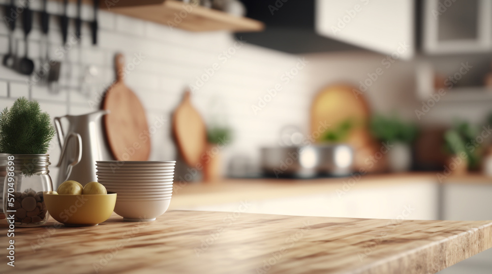 Embracing Scandinavian Elegance: Close-Up of an Empty Wooden Table in a Modern Kitchen With Generative AI Embracing Scandinavian Elegance: Close-Up of an Empty Wooden Table in a Modern Kitchen With Generative AI