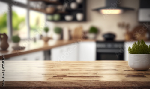 Embracing Scandinavian Elegance  Close-Up of an Empty Wooden Table in a Modern Kitchen With Generative AI