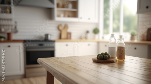 Embracing Scandinavian Elegance: Close-Up of an Empty Wooden Table in a Modern Kitchen With Generative AI © Annisah
