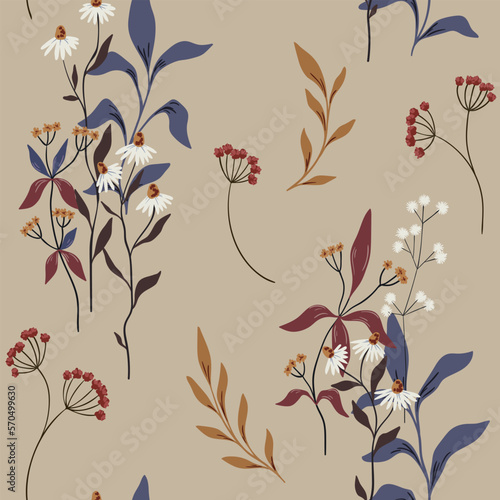 Seamless floral pattern with wild flowers and herbs in vintage style. Elegant flower print, botanical design with hand drawn plants: small flowers, leaves in natural colors. Vector illustration.