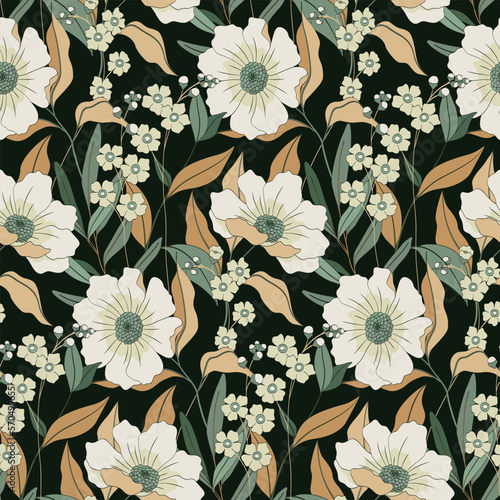 Seamless floral pattern with ornate wild garden in vintage style. Beautiful flower print, botanical design with hand drawn plants: large flowers, leaves, herbs on dark background. Vector illustration.