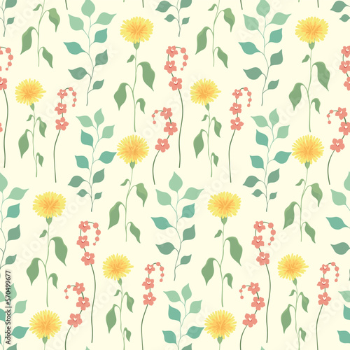 Seamless floral pattern with wild plants in delicate watercolor colors. Cute flower print, spring botanical design with hand drawn flowers, leaves on white background. Vector illustration.