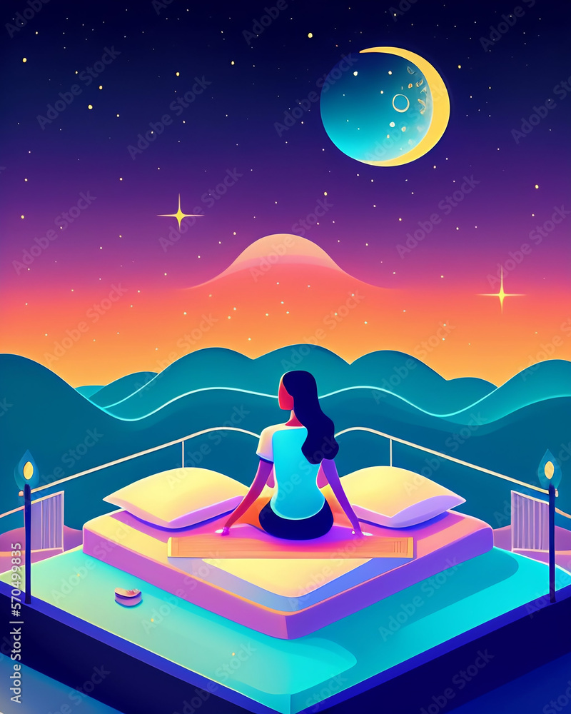 Vector art, illustration of a woman practicing yoga under the moon created with generative ai