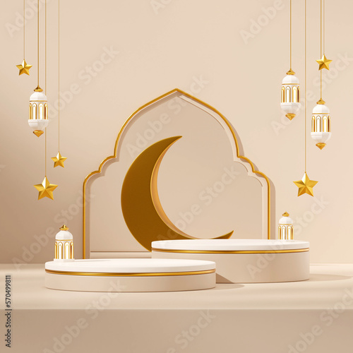 rendering 3d mockup template white and gold podium in square lamp, moon, and stars ramadan kareem 